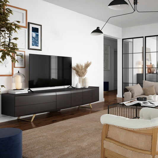 RODRI DISEÑO Mueble TV DINÁMIKA CURVO/2C+4P/240/Madera Negro/Patas Metálicas