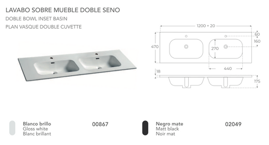 Fossil Natura Shiba Lavabo Doble Sobre Mueble 2049 Negro Mate